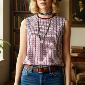 vintage 50s 60s grid burgundy white sleeveless top mid century modern mod gogo